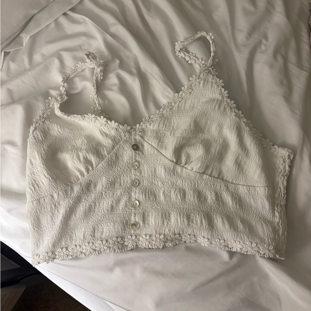White Floral-Trim Cropped Cami Top
